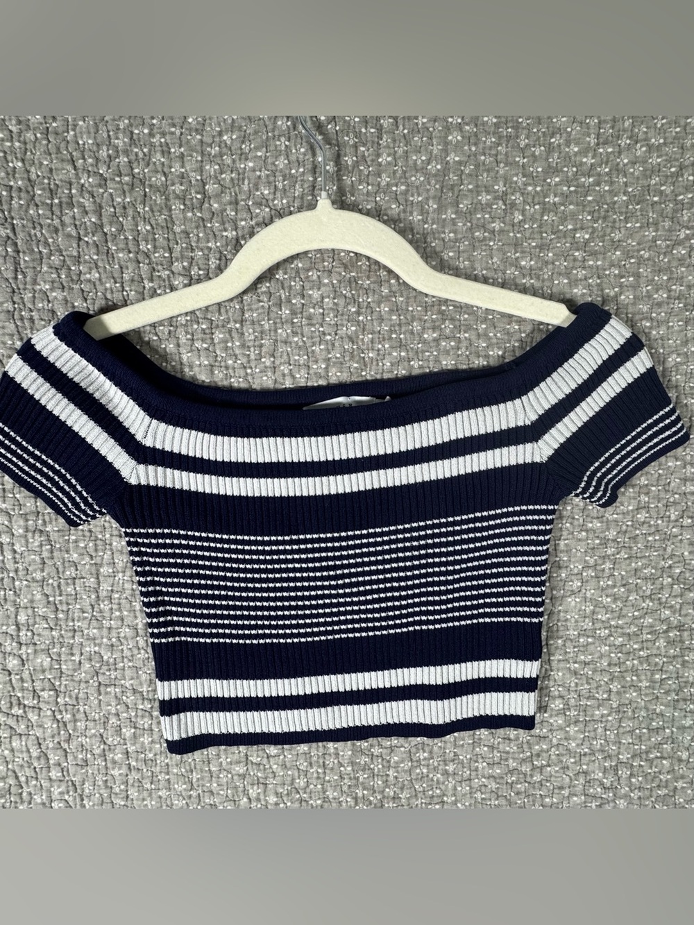 Lush Navy and White Striped Off-the-Shoulder Sweater